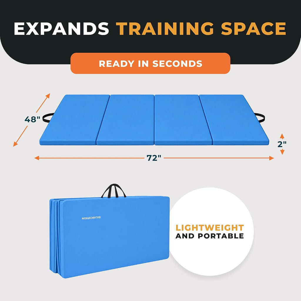 BalanceFrom 6x4 Feet 4-Panel Folding Gymnastics Mat – 2-Inch Thick Pad with Vinyl Surface and Carrying Handles for Tumbling, Yoga, Pilates, Home Workouts, and Martial Arts