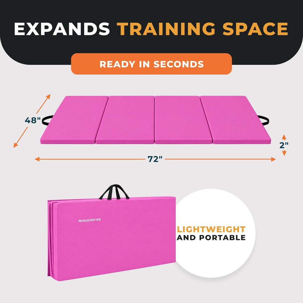 BalanceFrom 6x4 Feet 4-Panel Folding Gymnastics Mat – 2-Inch Thick Pad with Vinyl Surface and Carrying Handles for Tumbling, Yoga, Pilates, Home Workouts, and Martial Arts