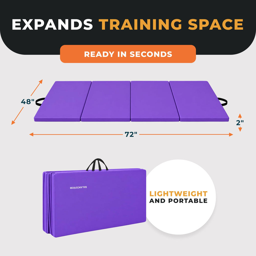 BalanceFrom 6x4 Feet 4-Panel Folding Gymnastics Mat – 2-Inch Thick Pad with Vinyl Surface and Carrying Handles for Tumbling, Yoga, Pilates, Home Workouts, and Martial Arts