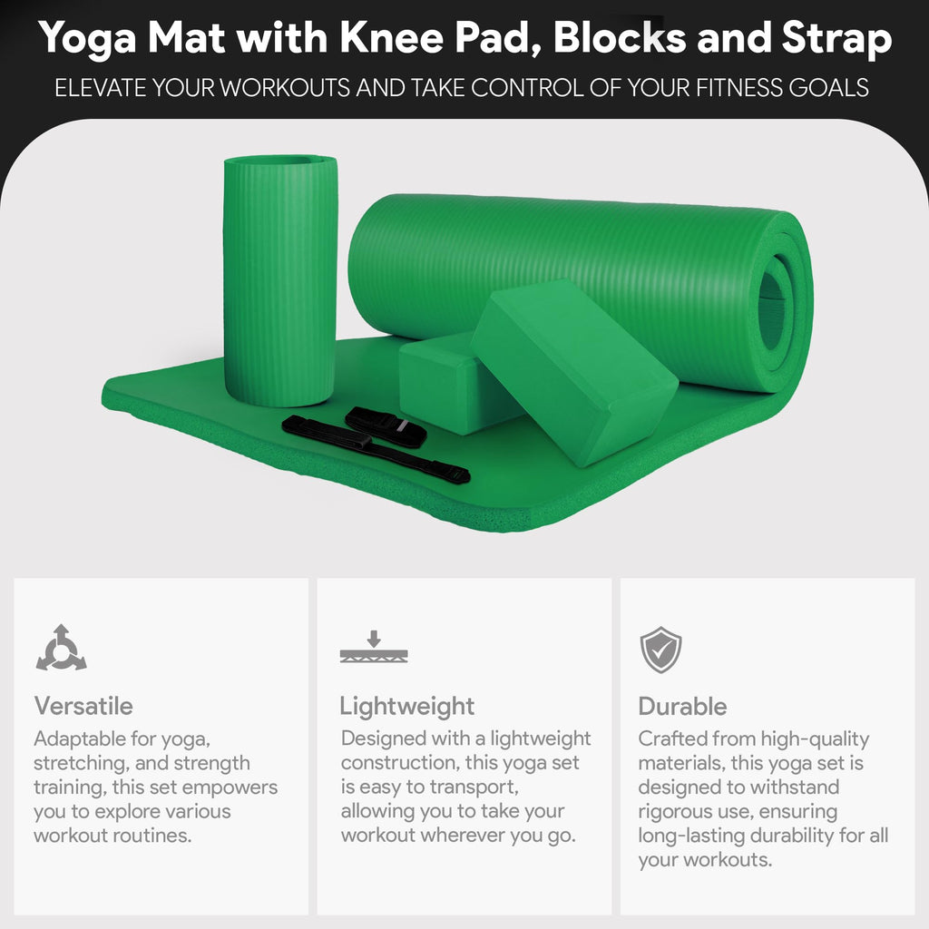 BalanceFrom 71x24 Inches Yoga Mat with Knee Pad and Optional Blocks – Extra 1-Inch Thick Non-Slip Foam with Anti-Tear Surface and Carrying Strap for Home, Studio, or Gym Workouts