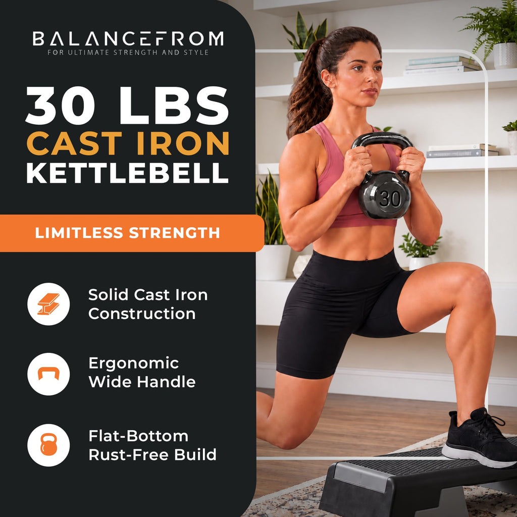 BalanceFrom Cast Iron Kettlebell for Home Gym Strength Training with Textured Wide Handle, 10-100Lb, Single