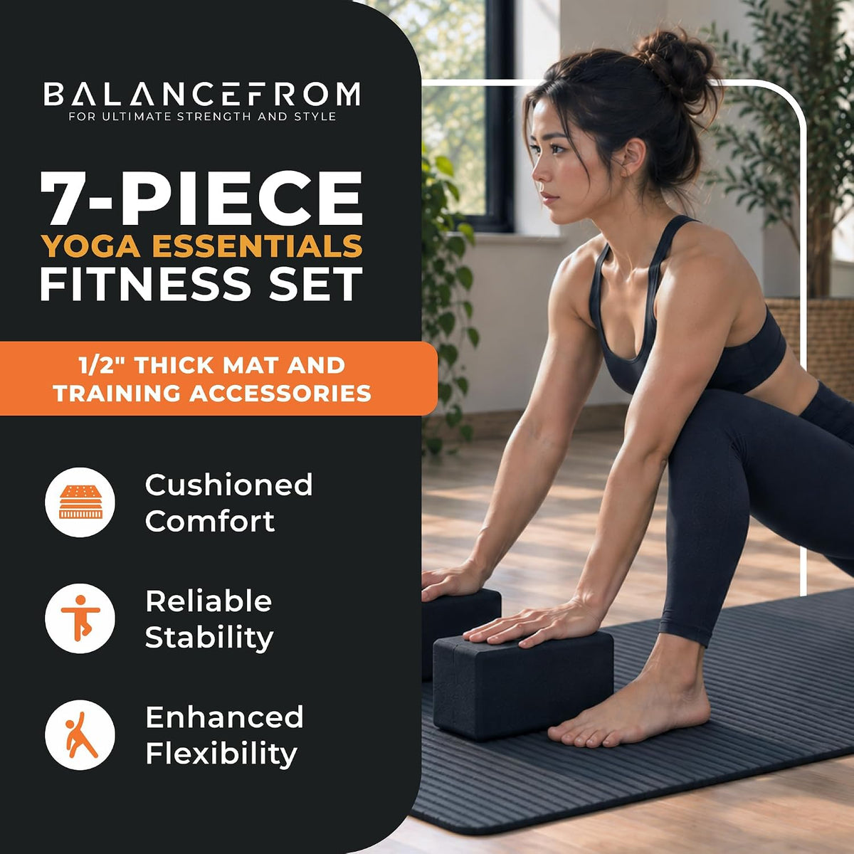 BalanceFrom 7-Piece Yoga Set with 71x24x0.5 Inches Extra Thick Mat and Carrying Sling – Includes 2 Blocks, Stretch Strap, 2 Towels, and Knee Pad for Home, Studio, and Gym Workouts