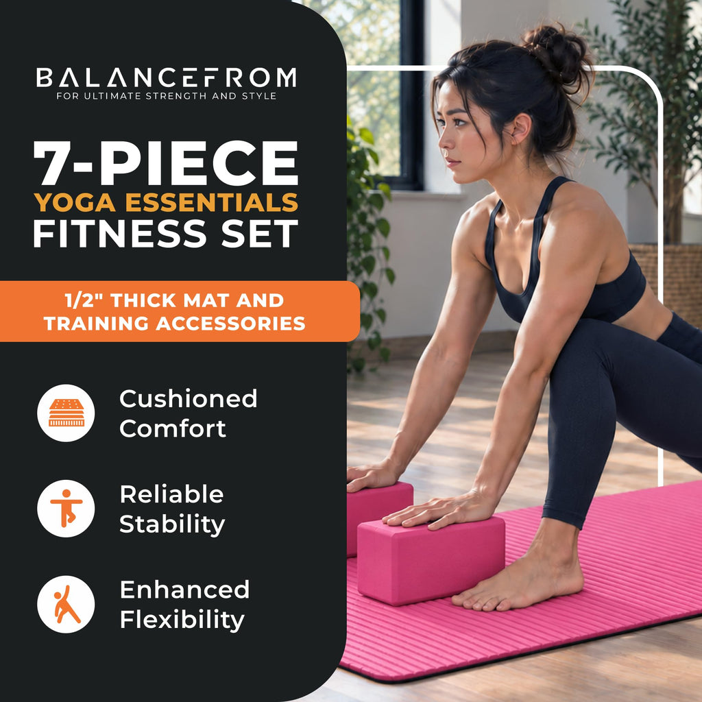 BalanceFrom 7-Piece Yoga Set with 71x24x0.5 Inches Extra Thick Mat and Carrying Sling – Includes 2 Blocks, Stretch Strap, 2 Towels, and Knee Pad for Home, Studio, and Gym Workouts