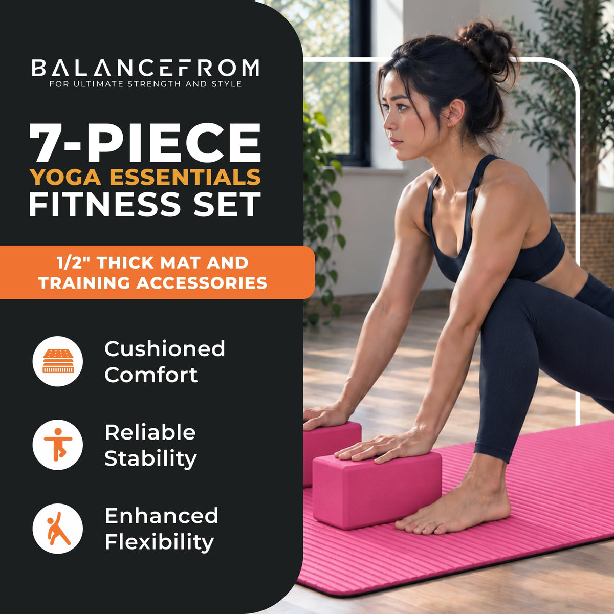 BalanceFrom 7-Piece Yoga Set with 71x24x0.5 Inches Extra Thick Mat and Carrying Sling – Includes 2 Blocks, Stretch Strap, 2 Towels, and Knee Pad for Home, Studio, and Gym Workouts