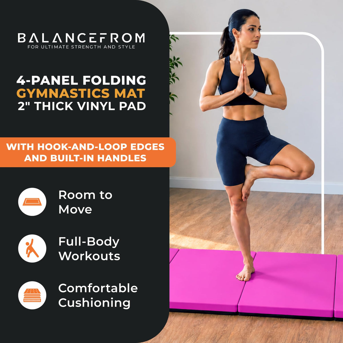 BalanceFrom 6x4 Feet 4-Panel Folding Gymnastics Mat – 2-Inch Thick Pad with Vinyl Surface and Carrying Handles for Tumbling, Yoga, Pilates, Home Workouts, and Martial Arts