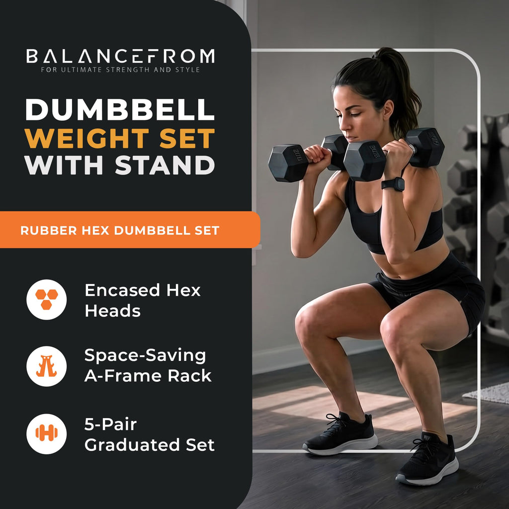 BalanceFrom Rubber Coated Hex Dumbbell Weight Set with Storage Rack, 100LB or 150LB or 200LB Set, 5-20 lbs or 5-25 lbs or 10-30 lbs Pairs