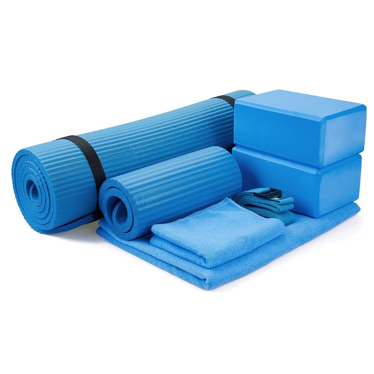 BalanceFrom 7-Piece Yoga Set with 71x24x0.5 Inches Extra Thick Mat and Carrying Sling – Includes 2 Blocks, Stretch Strap, 2 Towels, and Knee Pad for Home, Studio, and Gym Workouts