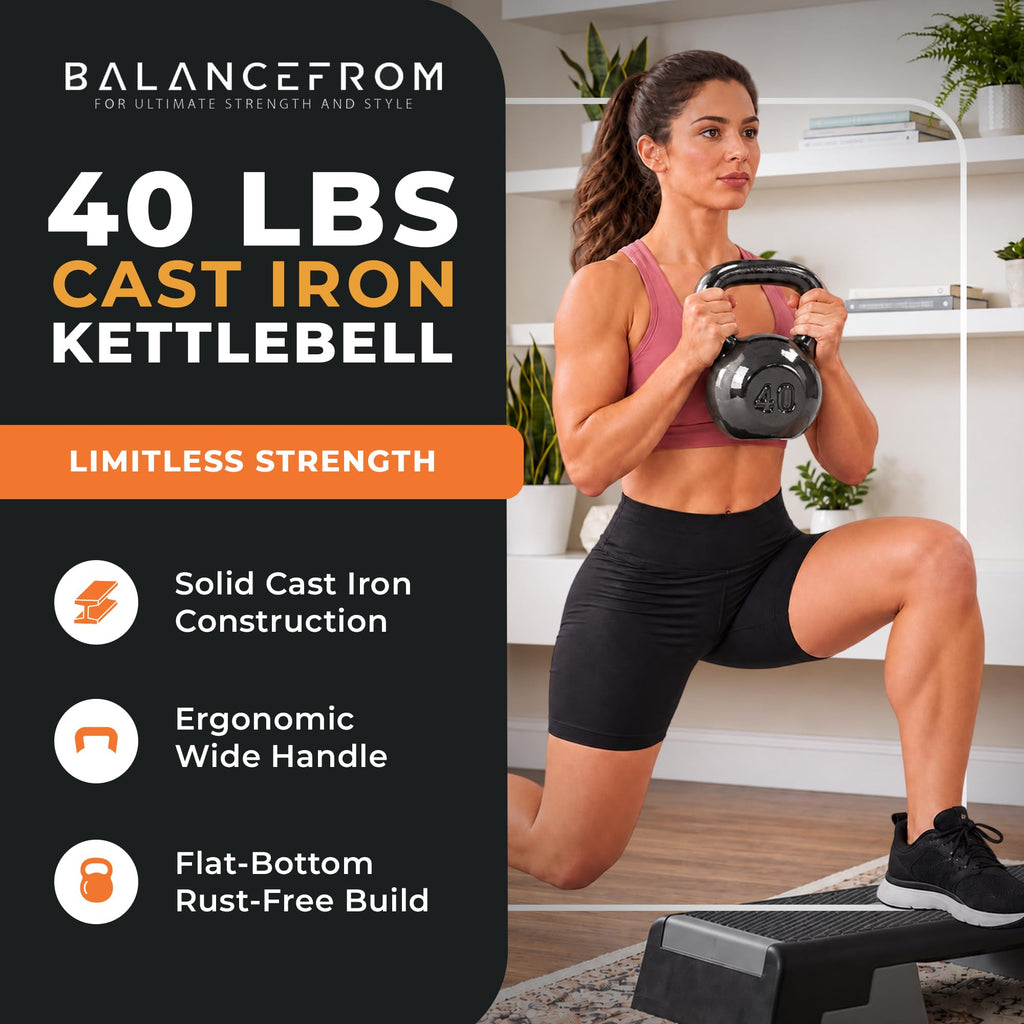 BalanceFrom Cast Iron Kettlebell for Home Gym Strength Training with Textured Wide Handle, 10-100Lb, Single