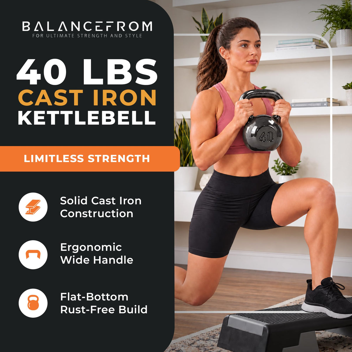 BalanceFrom Cast Iron Kettlebell for Home Gym Strength Training with Textured Wide Handle, 10-100Lb, Single
