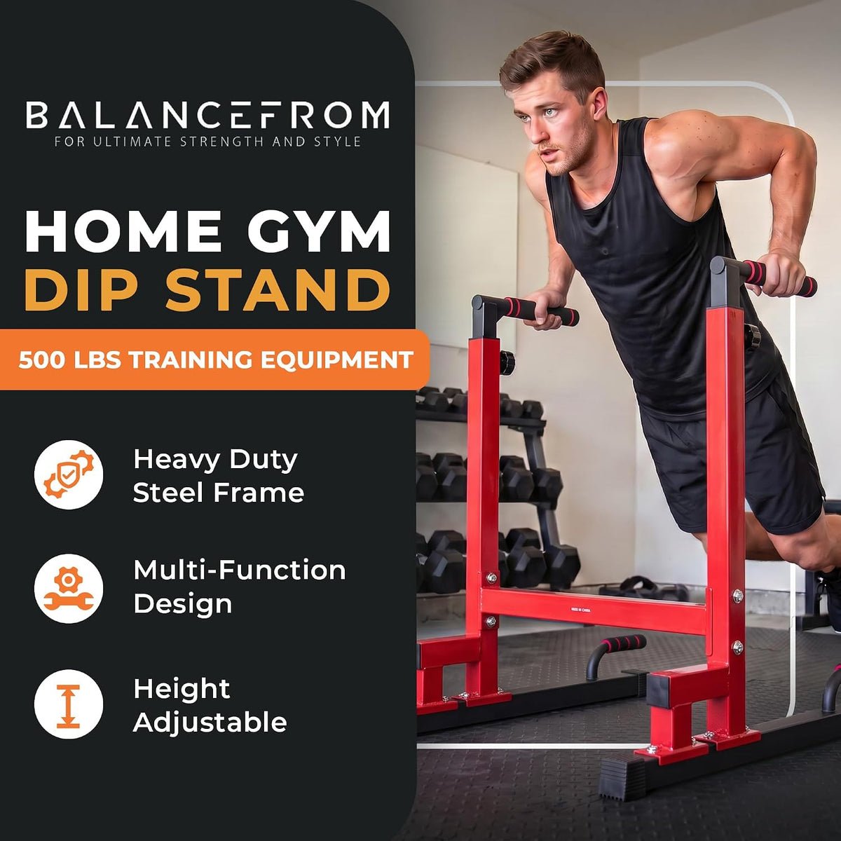 BalanceFrom Steel Frame Dip Station with Adjustable Height, 500 Pound Weight Capacity – Upper Body Workout Home Gym Equipment for Triceps, Push & Pull Ups, Leg Raises, and Bench Press
