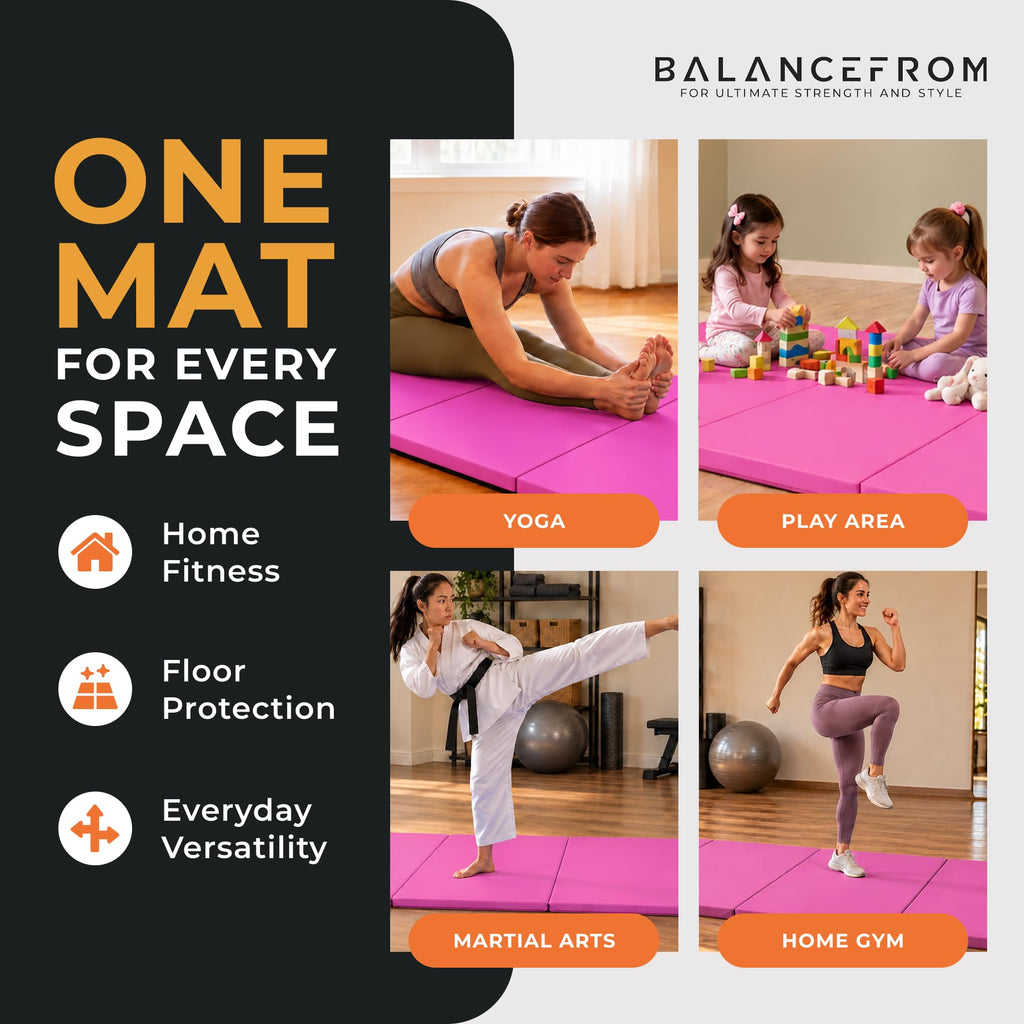 BalanceFrom 6x4 Feet 4-Panel Folding Gymnastics Mat – 2-Inch Thick Pad with Vinyl Surface and Carrying Handles for Tumbling, Yoga, Pilates, Home Workouts, and Martial Arts