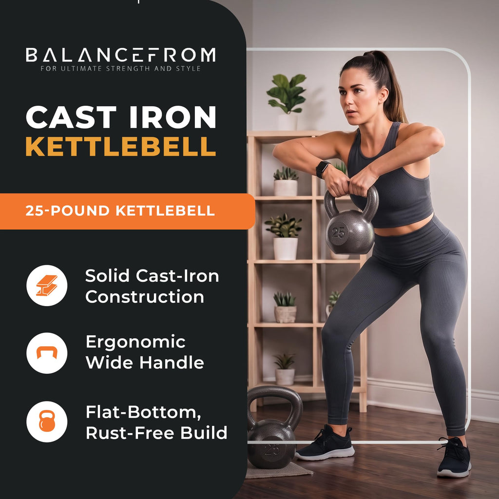 BalanceFrom Cast Iron Kettlebell for Home Gym Strength Training with Textured Wide Handle, 10-100Lb, Single