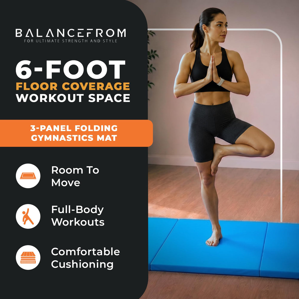 BalanceFrom 6x2 Feet 3-Panel Folding Gymnastics Mat – 1.5-Inch Thick Pad with Vinyl Surface and Carrying Handles for Tumbling, Yoga, Pilates, Home Workouts, and Martial Arts