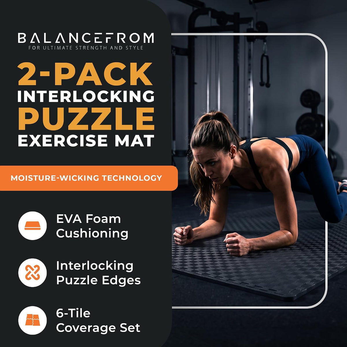 BalanceFrom 2-Pack 6-Count 24x24x1 Inch EVA Interlocking Foam Exercise Tile Mat, Black – Non-Slip Puzzle Flooring for Home Gym, Fitness Studio, or Playroom