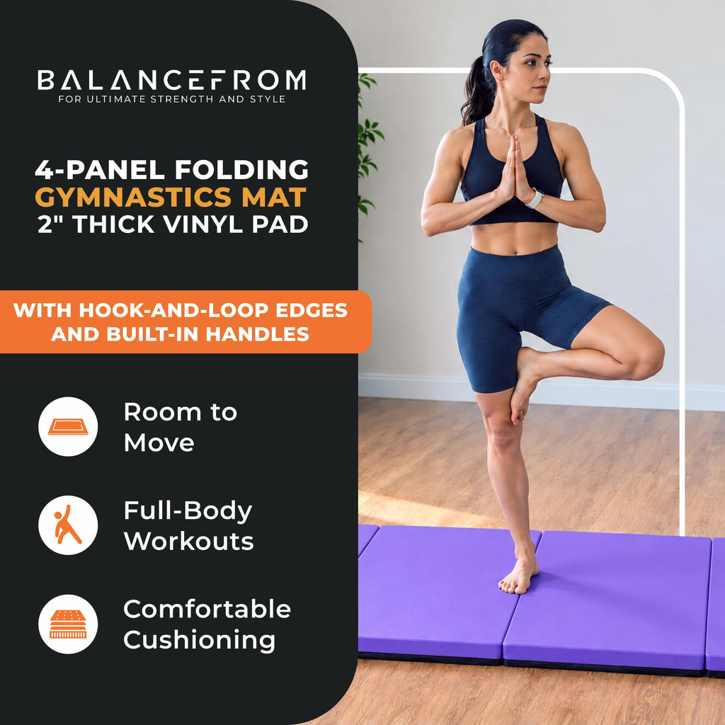 BalanceFrom 6x4 Feet 4-Panel Folding Gymnastics Mat – 2-Inch Thick Pad with Vinyl Surface and Carrying Handles for Tumbling, Yoga, Pilates, Home Workouts, and Martial Arts