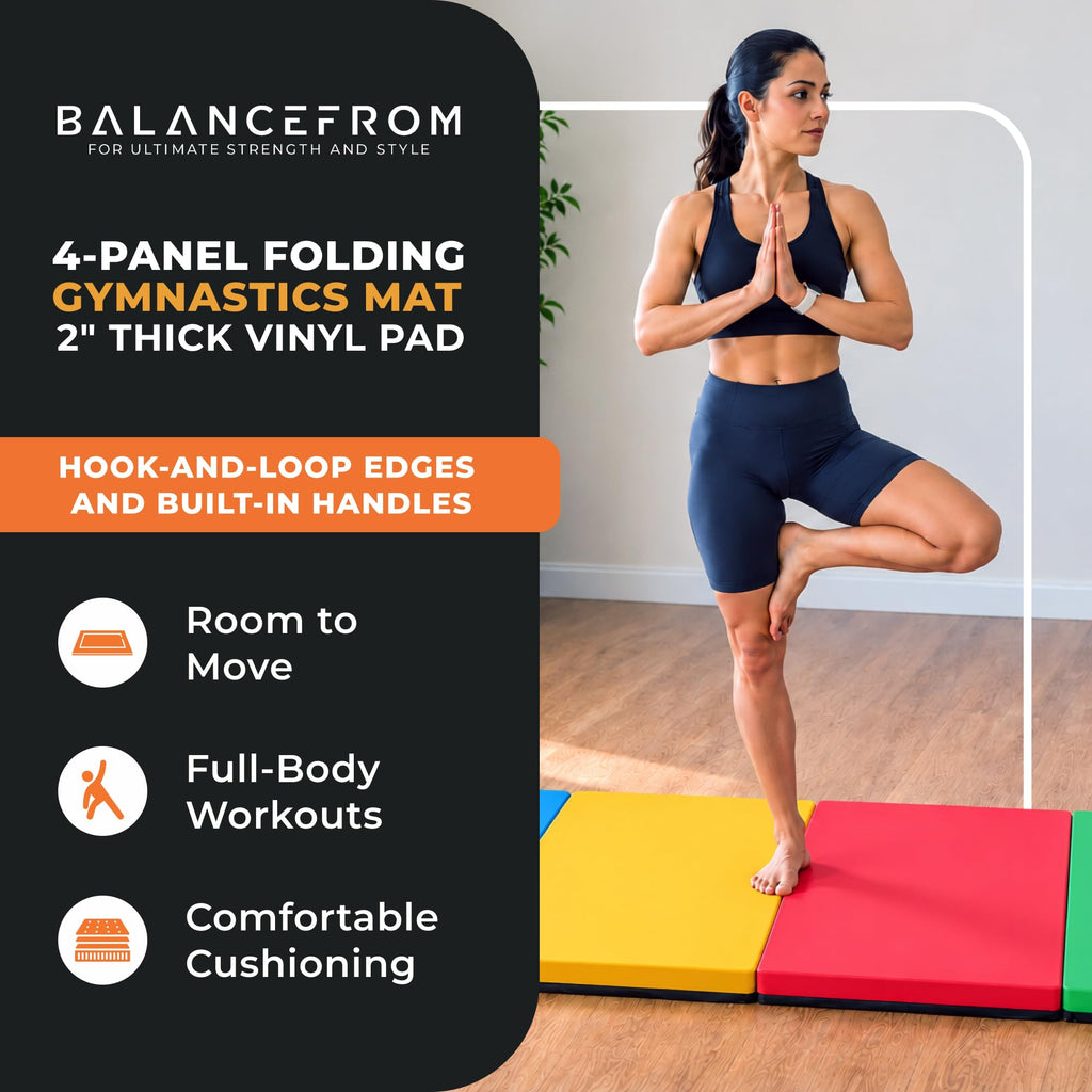 BalanceFrom 6x4 Feet 4-Panel Folding Gymnastics Mat – 2-Inch Thick Pad with Vinyl Surface and Carrying Handles for Tumbling, Yoga, Pilates, Home Workouts, and Martial Arts