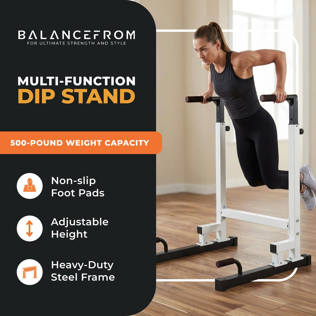 BalanceFrom Steel Frame Dip Station with Adjustable Height, 500 Pound Weight Capacity – Upper Body Workout Home Gym Equipment for Triceps, Push & Pull Ups, Leg Raises, and Bench Press