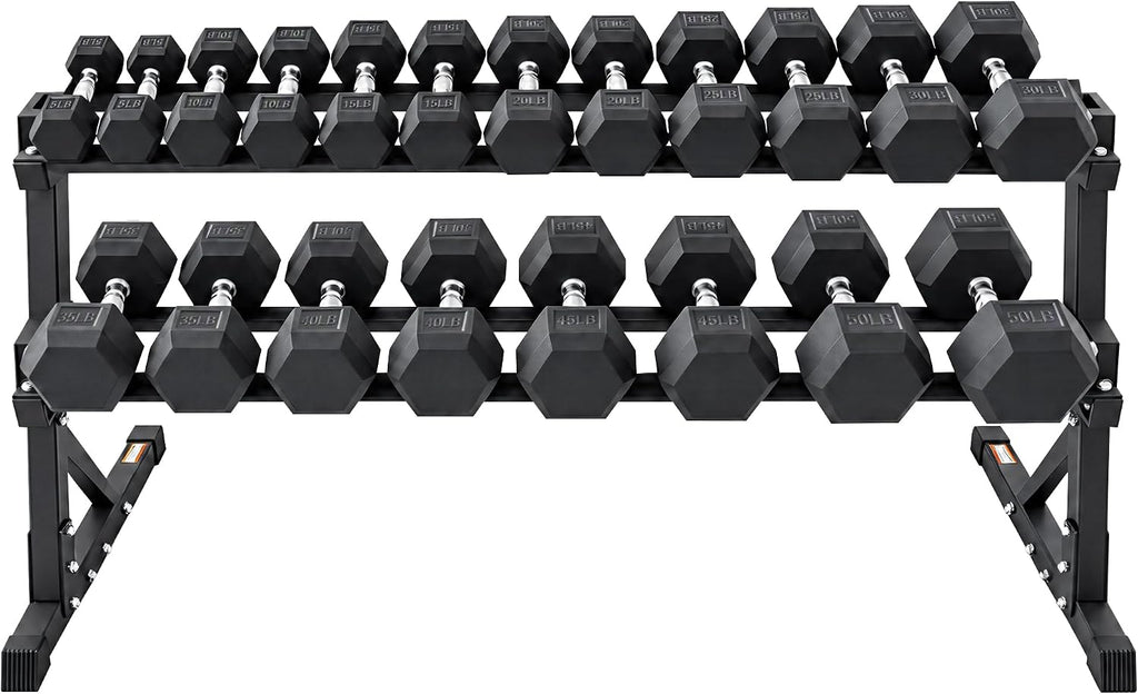 BalanceFrom 550LB Rubber Coated Hex Dumbbell Weight Set with 2-Tier Storage Rack, 5-50 lbs Pairs, One Package