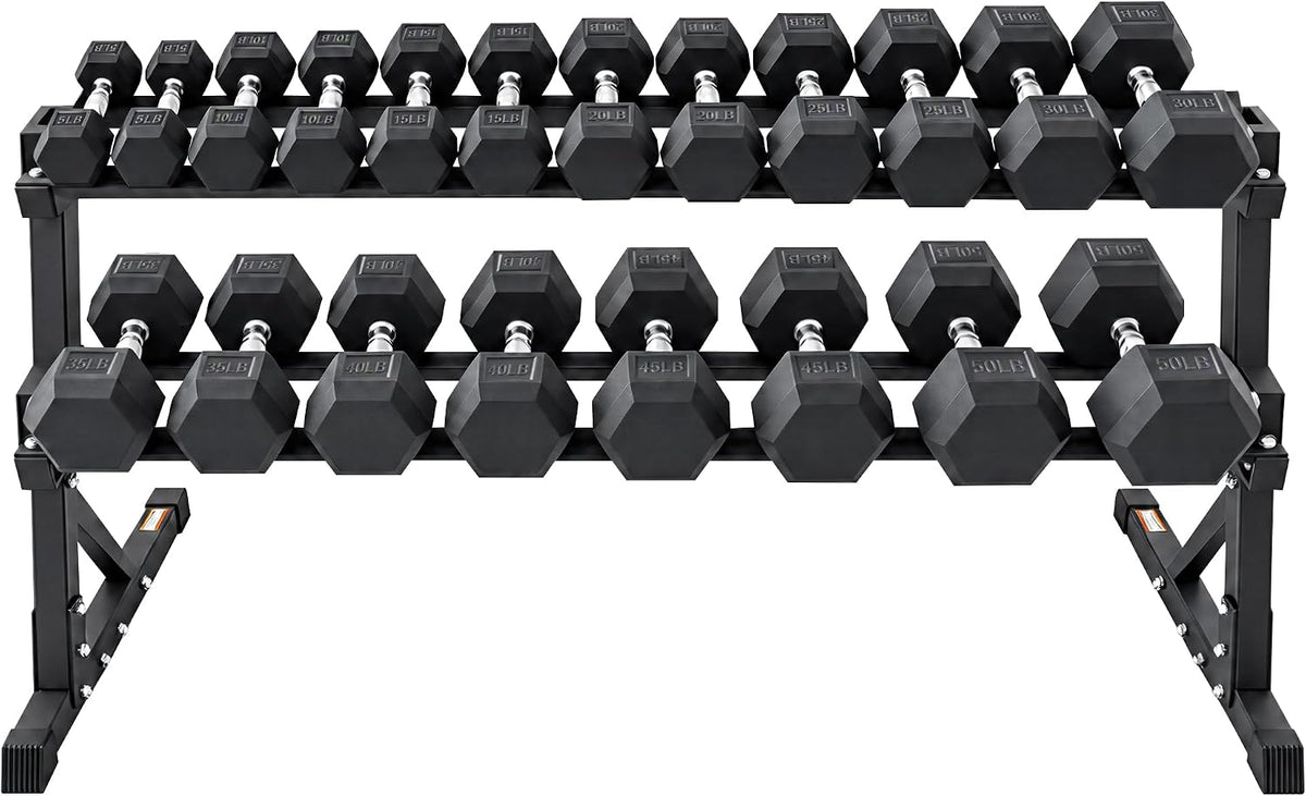 BalanceFrom 550LB Rubber Coated Hex Dumbbell Weight Set with 2-Tier Storage Rack, 5-50 lbs Pairs, One Package