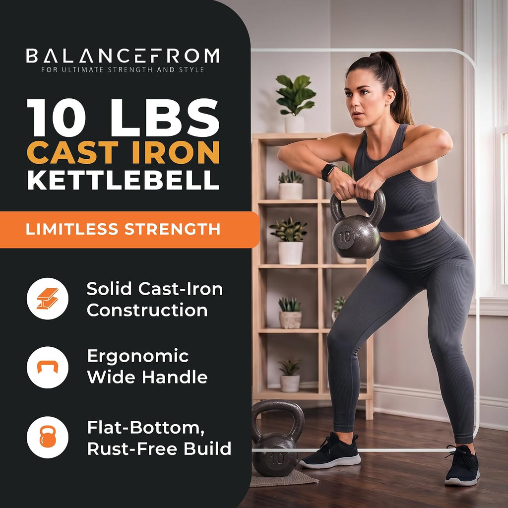 BalanceFrom Cast Iron Kettlebell for Home Gym Strength Training with Textured Wide Handle, 10-100Lb, Single