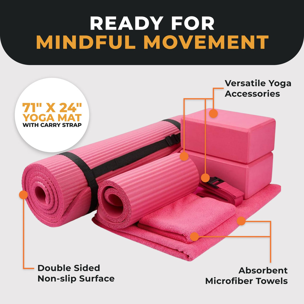 BalanceFrom 7-Piece Yoga Set with 71x24x0.5 Inches Extra Thick Mat and Carrying Sling – Includes 2 Blocks, Stretch Strap, 2 Towels, and Knee Pad for Home, Studio, and Gym Workouts