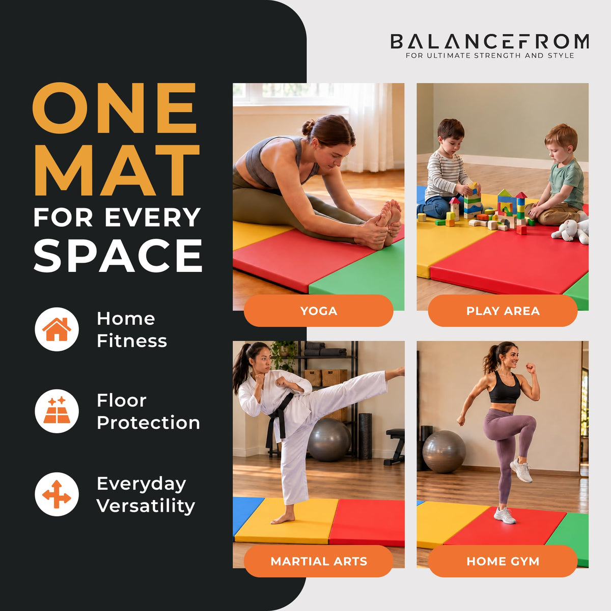 BalanceFrom 6x4 Feet 4-Panel Folding Gymnastics Mat – 2-Inch Thick Pad with Vinyl Surface and Carrying Handles for Tumbling, Yoga, Pilates, Home Workouts, and Martial Arts