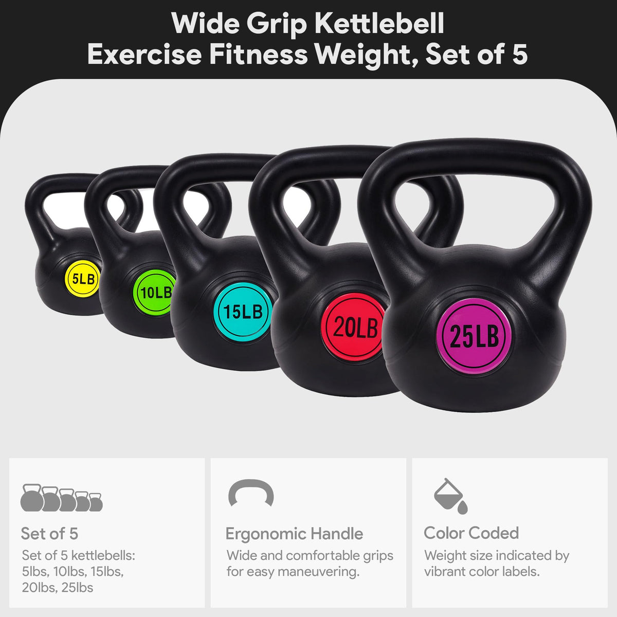 BalanceFrom Vinyl Kettlebell Set, 30/45/50/75 Pound Options – Cement-Filled Strength Training Weights with Ergonomic Grip and Color Coding for Full Body Fitness at Home or Gym
