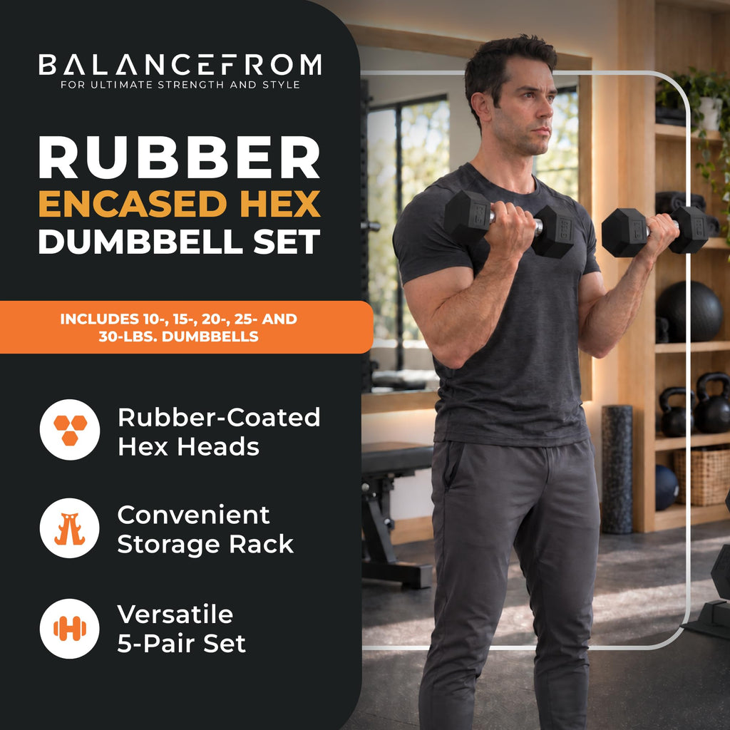 BalanceFrom Premium Rubber Encased Hex Dumbbell Sets, 46LBS Set, 60LBS Set, 100LBS Set