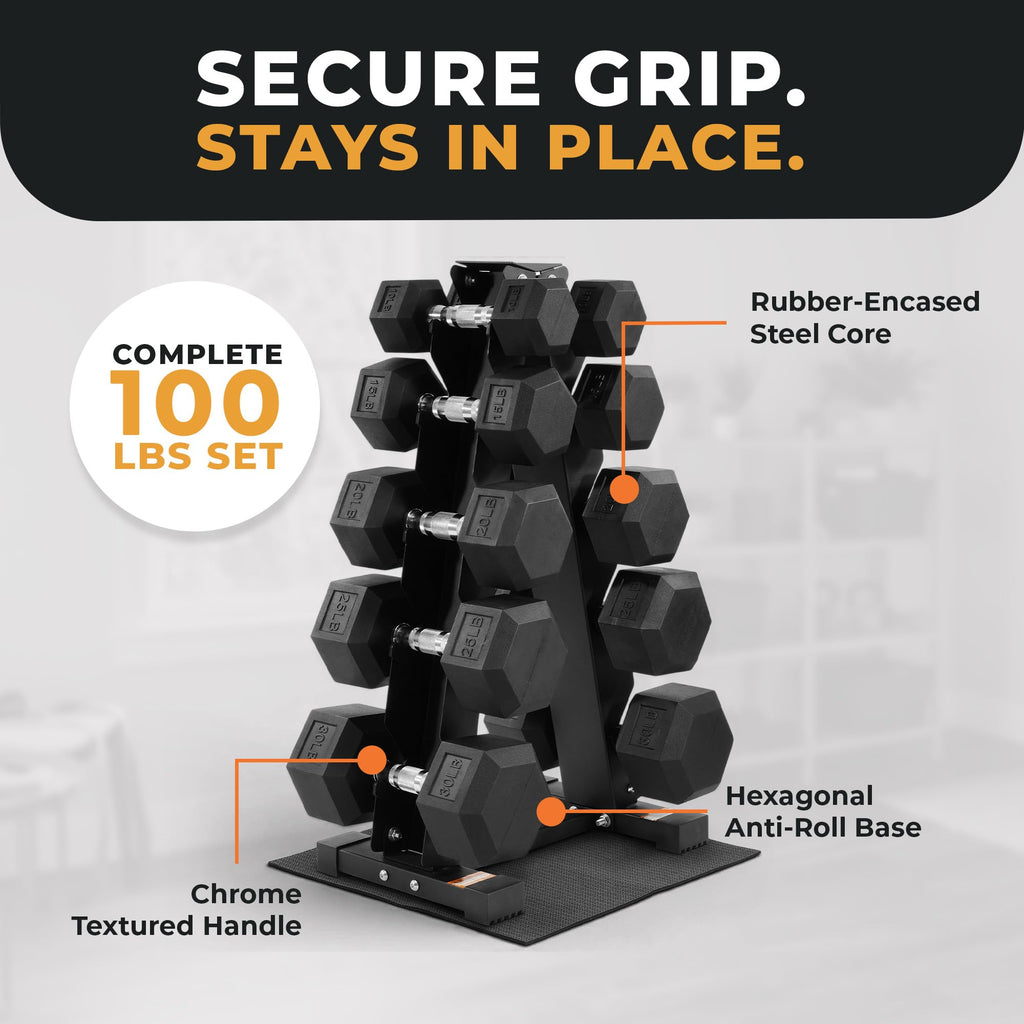 BalanceFrom Rubber Coated Hex Dumbbell Weight Set with Storage Rack, 100LB or 150LB or 200LB Set, 5-20 lbs or 5-25 lbs or 10-30 lbs Pairs