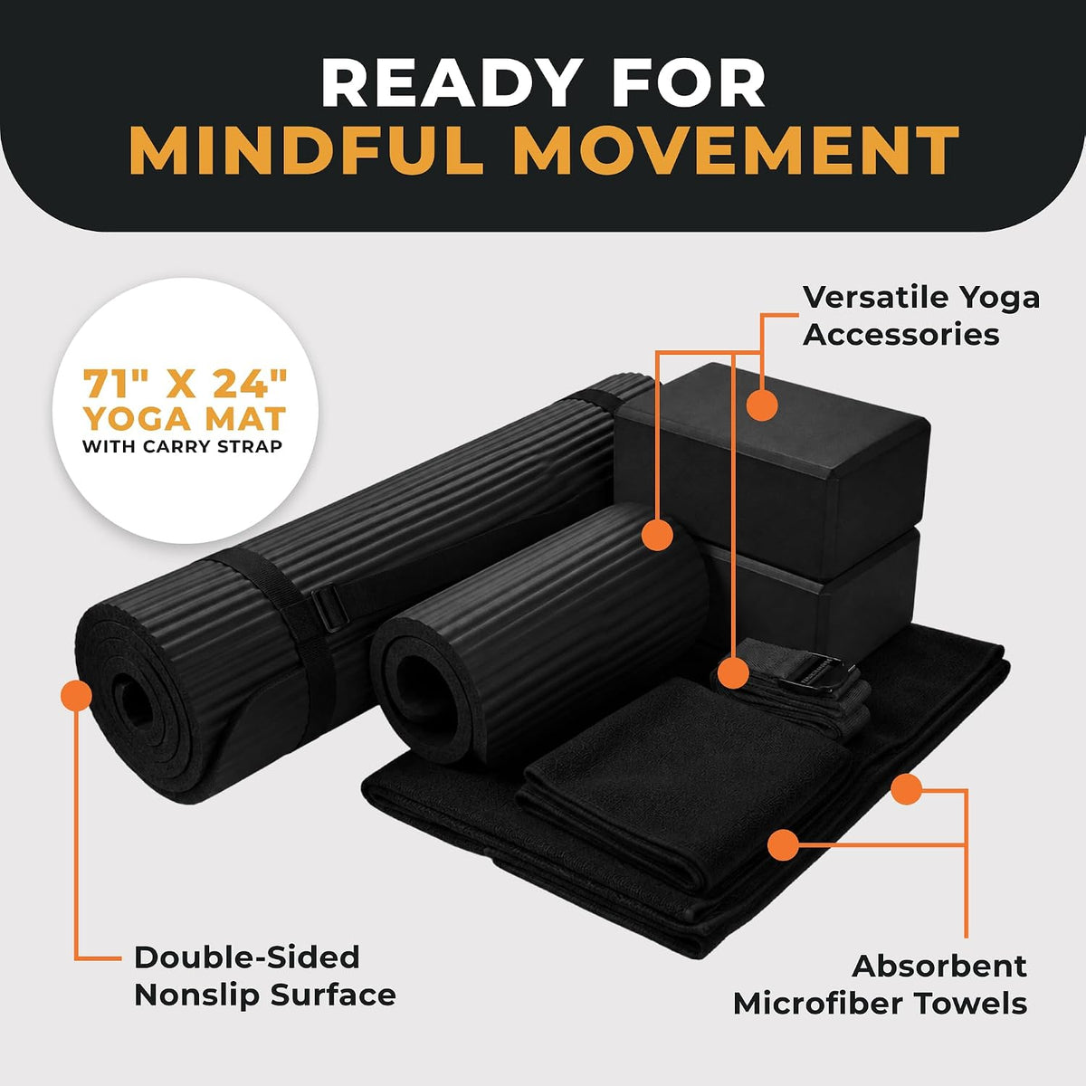 BalanceFrom 7-Piece Yoga Set with 71x24x0.5 Inches Extra Thick Mat and Carrying Sling – Includes 2 Blocks, Stretch Strap, 2 Towels, and Knee Pad for Home, Studio, and Gym Workouts