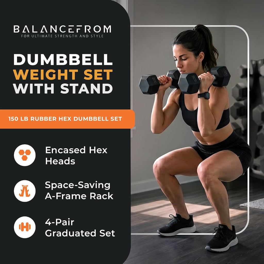 BalanceFrom Rubber Coated Hex Dumbbell Weight Set with Storage Rack, 100LB or 150LB or 200LB Set, 5-20 lbs or 5-25 lbs or 10-30 lbs Pairs