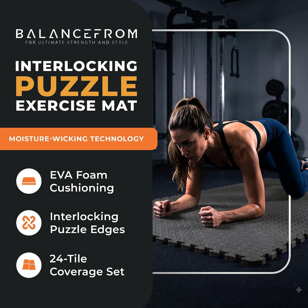BalanceFrom 2-Pack 24-Count 24x24x0.75 Inch EVA Interlocking Foam Exercise Tile Mat, Black – Non-Slip Puzzle Flooring for Home Gym, Fitness Studio, or Playroom