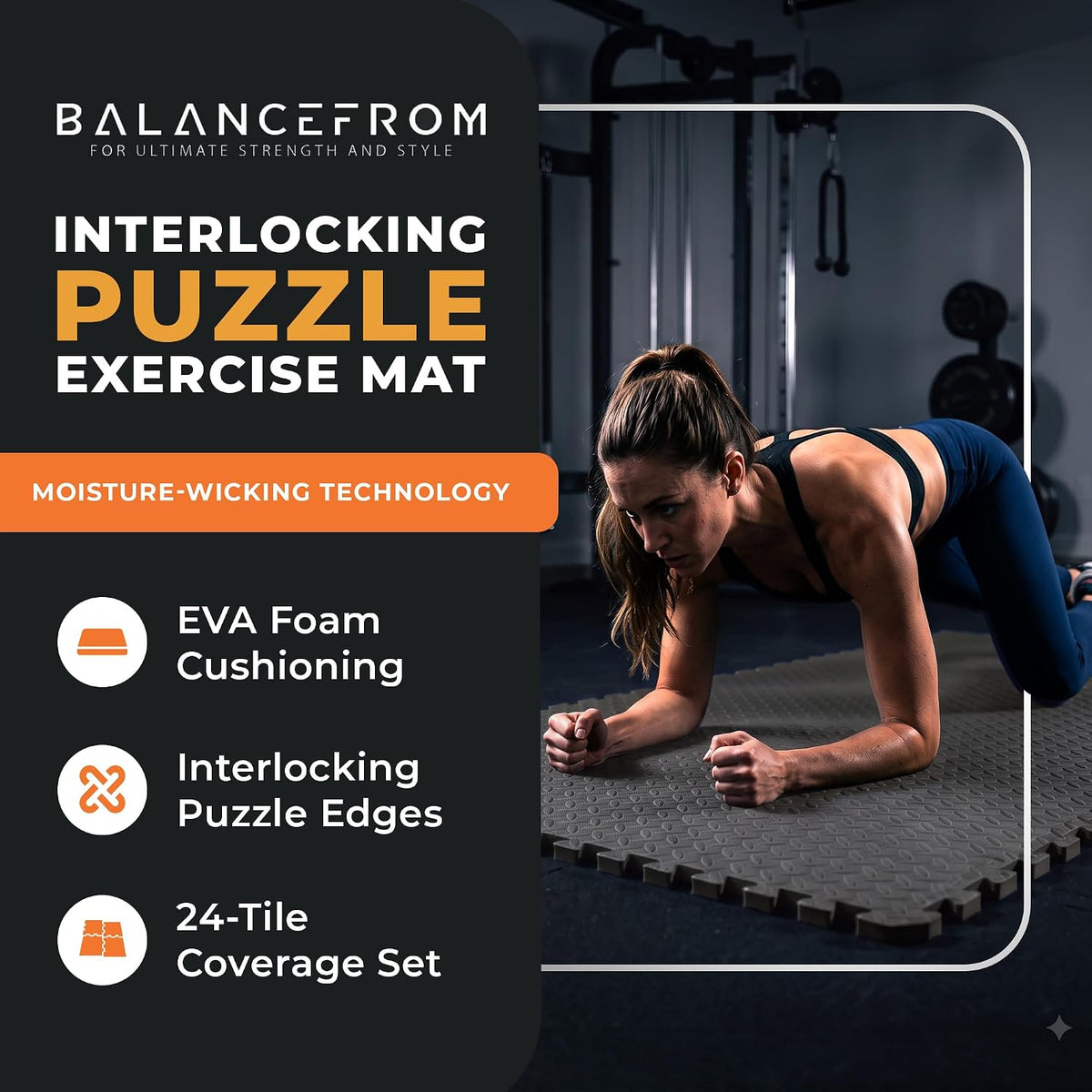 BalanceFrom 2-Pack 24-Count 24x24x0.75 Inch EVA Interlocking Foam Exercise Tile Mat, Black – Non-Slip Puzzle Flooring for Home Gym, Fitness Studio, or Playroom