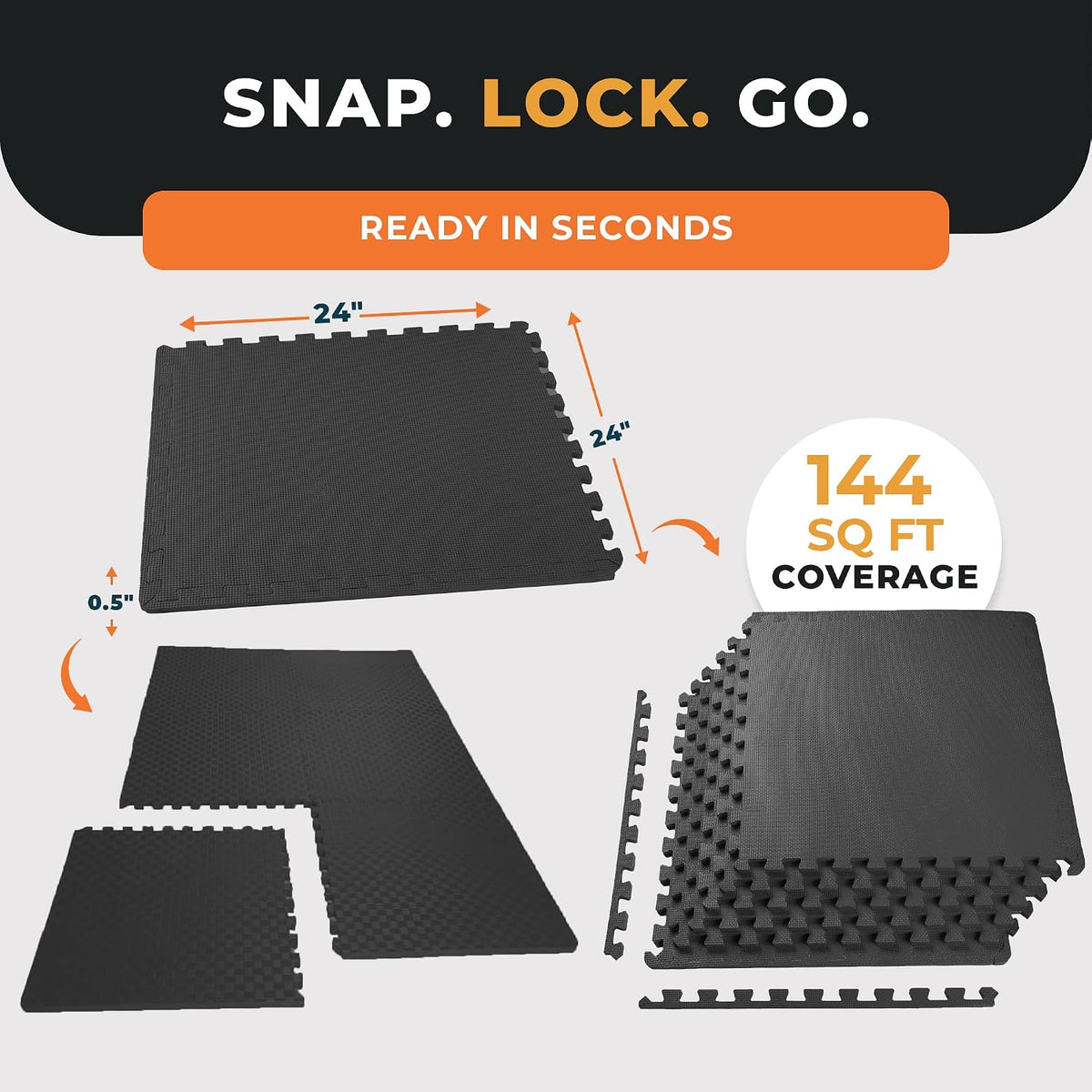 BalanceFrom 2-Pack 36-Count 24x24x0.5 Inch EVA Interlocking Foam Exercise Tile Mat, Black – Non-Slip Puzzle Flooring for Home Gym, Fitness Studio, or Playroom