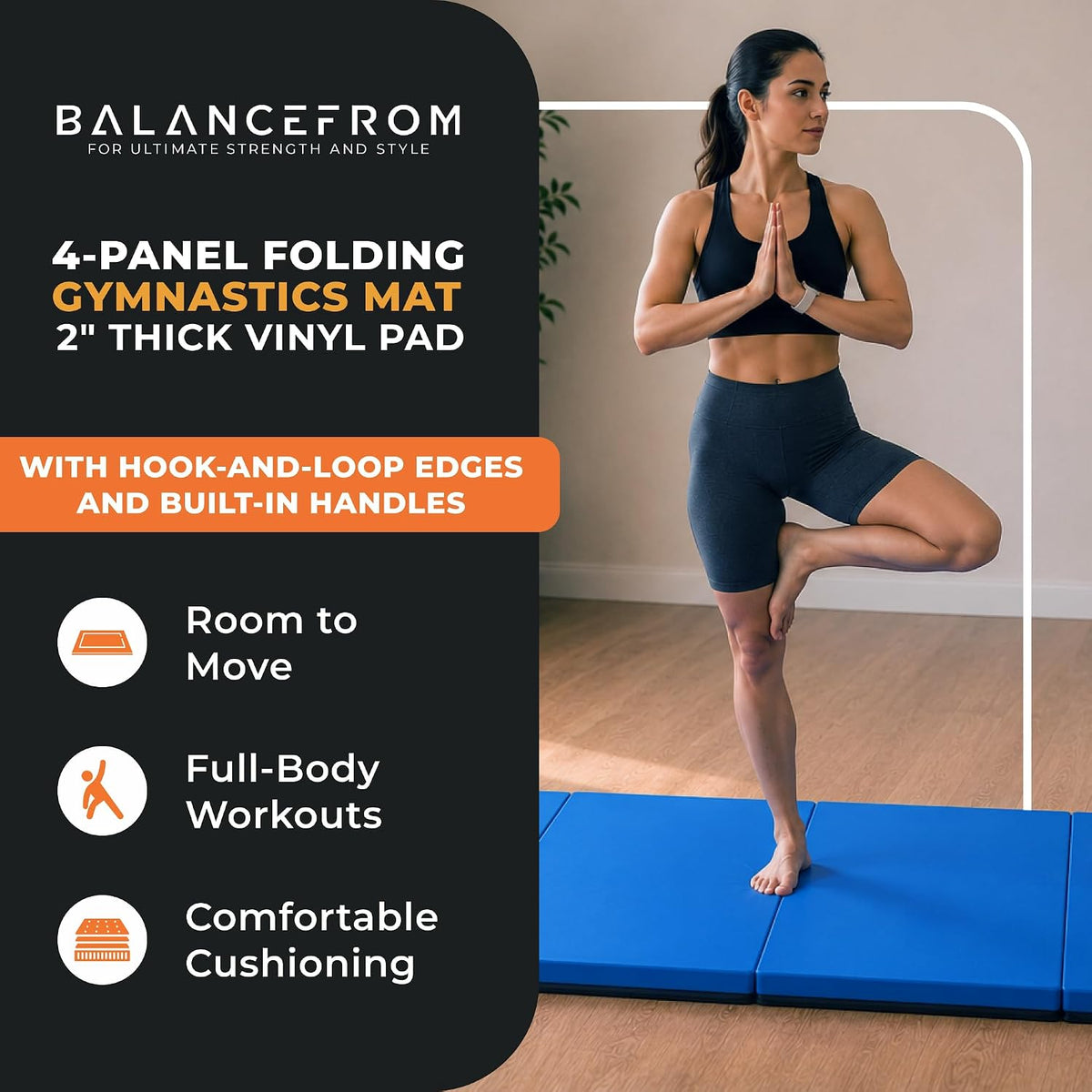 BalanceFrom 6x4 Feet 4-Panel Folding Gymnastics Mat – 2-Inch Thick Pad with Vinyl Surface and Carrying Handles for Tumbling, Yoga, Pilates, Home Workouts, and Martial Arts