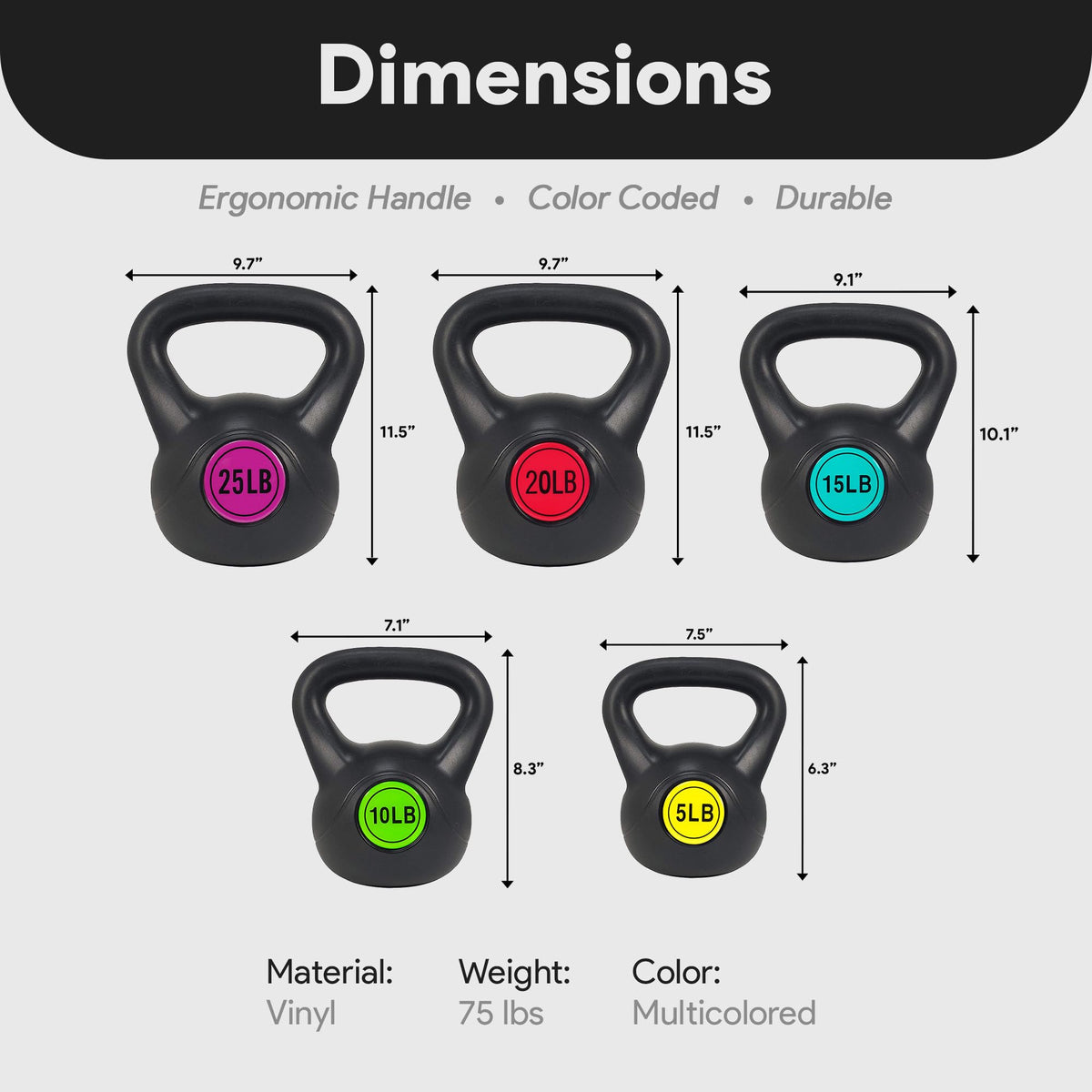 BalanceFrom Vinyl Kettlebell Set, 30/45/50/75 Pound Options – Cement-Filled Strength Training Weights with Ergonomic Grip and Color Coding for Full Body Fitness at Home or Gym