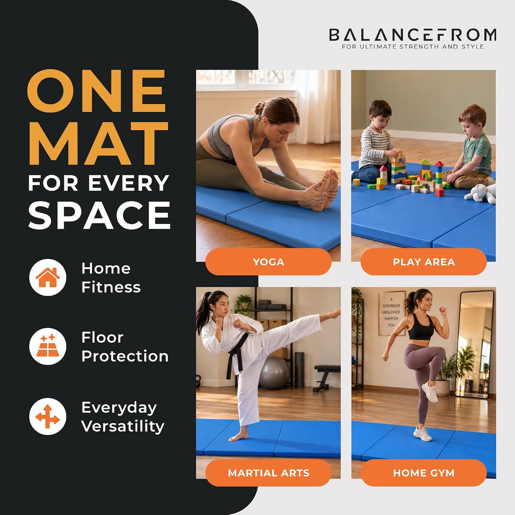 BalanceFrom 6x4 Feet 4-Panel Folding Gymnastics Mat – 2-Inch Thick Pad with Vinyl Surface and Carrying Handles for Tumbling, Yoga, Pilates, Home Workouts, and Martial Arts
