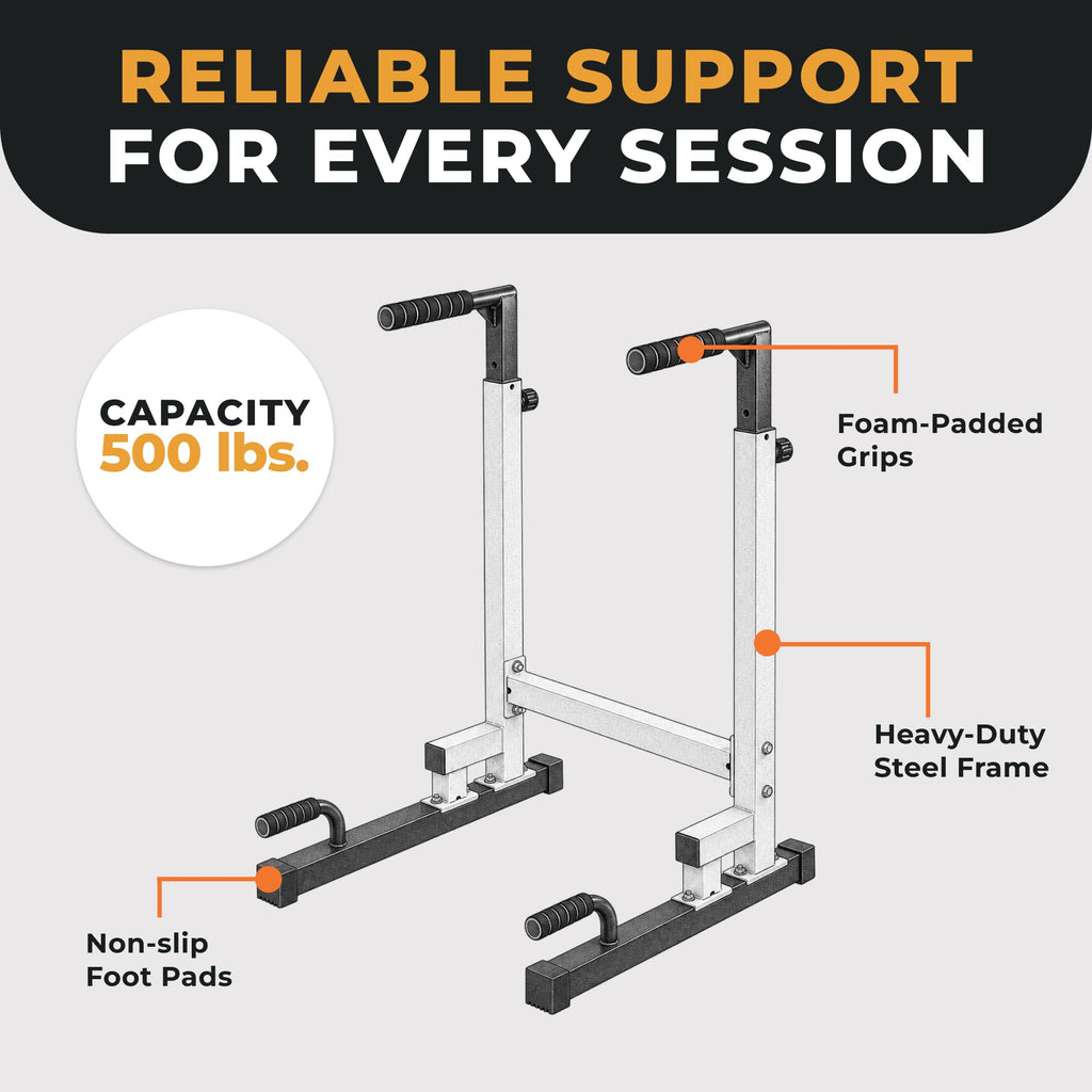 BalanceFrom Steel Frame Dip Station with Adjustable Height, 500 Pound Weight Capacity – Upper Body Workout Home Gym Equipment for Triceps, Push & Pull Ups, Leg Raises, and Bench Press
