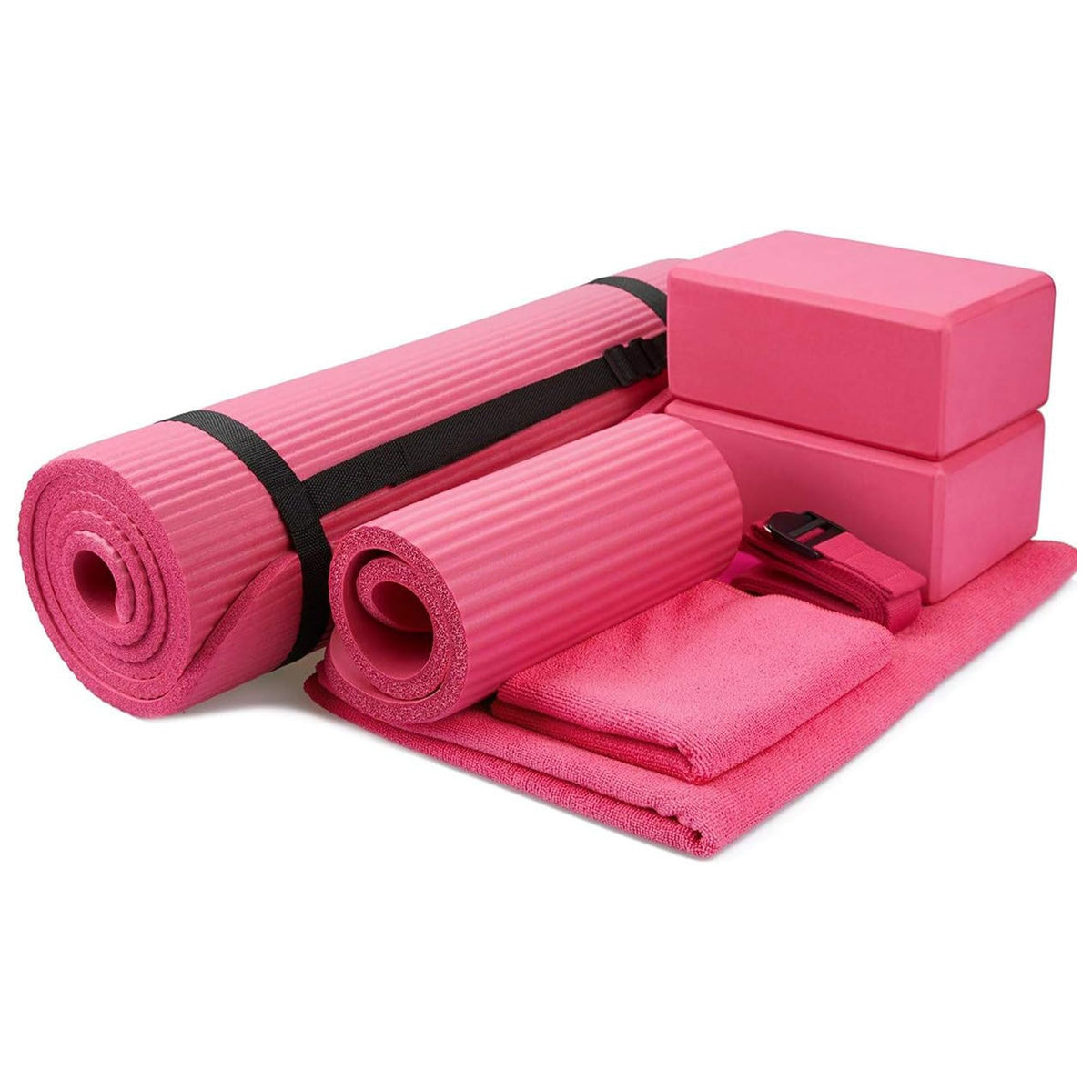 BalanceFrom 7-Piece Yoga Set with 71x24x0.5 Inches Extra Thick Mat and Carrying Sling – Includes 2 Blocks, Stretch Strap, 2 Towels, and Knee Pad for Home, Studio, and Gym Workouts