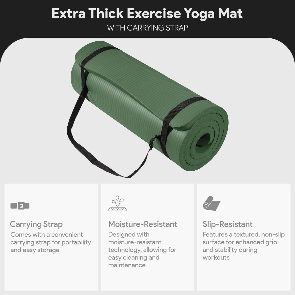 BalanceFrom All Purpose 1-Inch Extra Thick High Density Anti-Tear Exercise Yoga Mat with Carrying Strap, Multiple Colors
