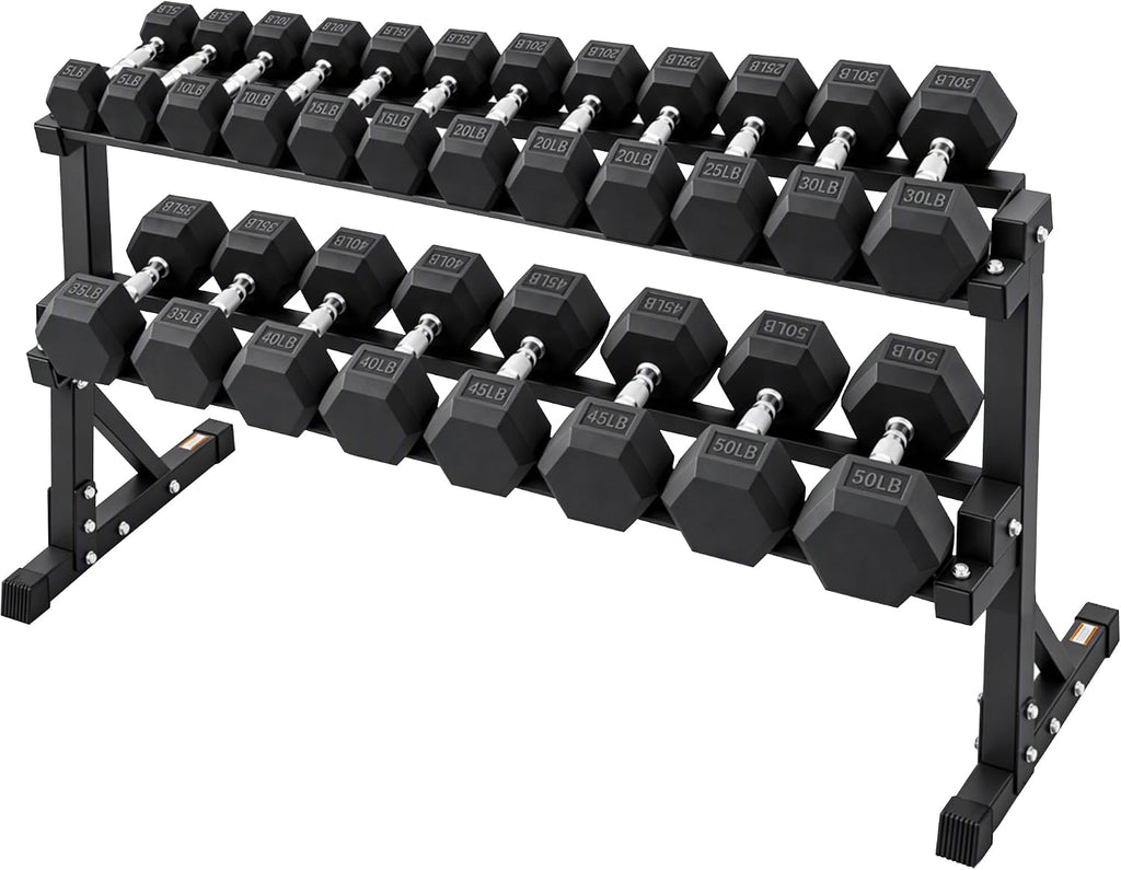 BalanceFrom 550LB Rubber Coated Hex Dumbbell Weight Set with 2-Tier Storage Rack, 5-50 lbs Pairs, One Package