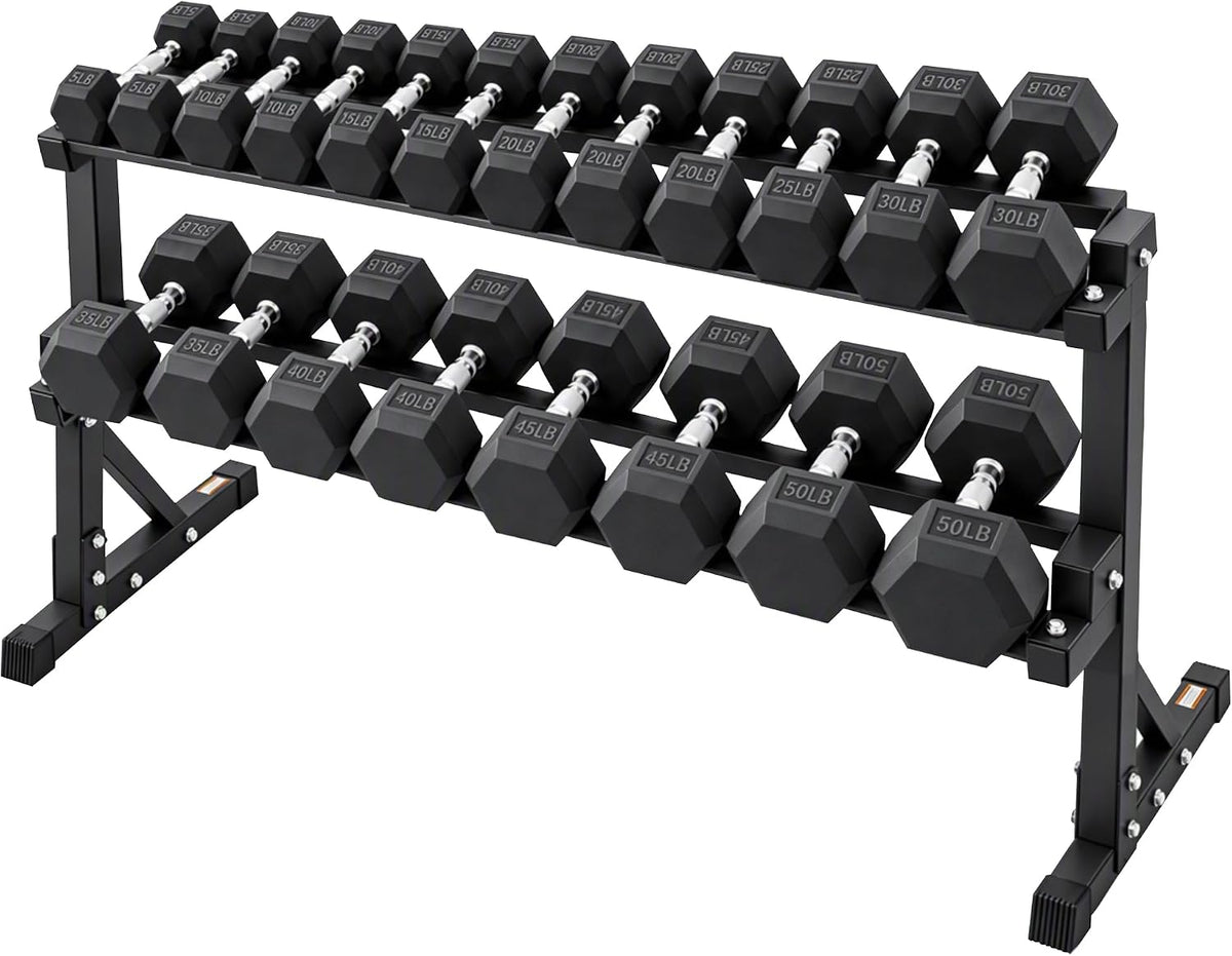 BalanceFrom 550LB Rubber Coated Hex Dumbbell Weight Set with 2-Tier Storage Rack, 5-50 lbs Pairs, One Package
