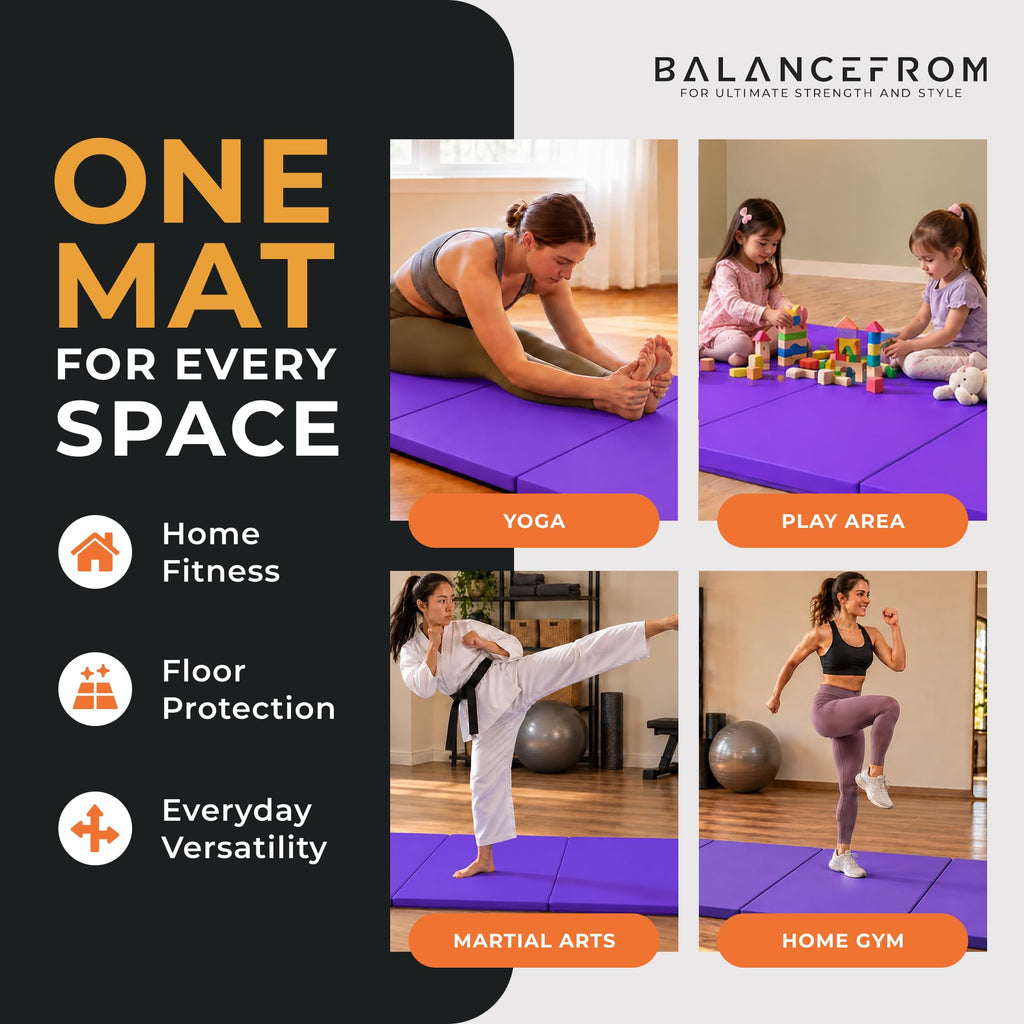 BalanceFrom 6x4 Feet 4-Panel Folding Gymnastics Mat – 2-Inch Thick Pad with Vinyl Surface and Carrying Handles for Tumbling, Yoga, Pilates, Home Workouts, and Martial Arts
