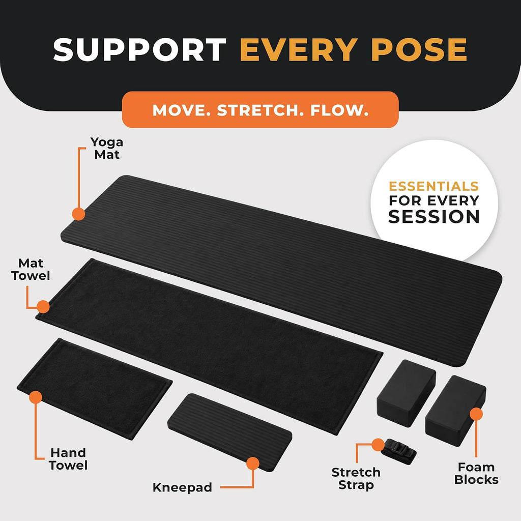 BalanceFrom 7-Piece Yoga Set with 71x24x0.5 Inches Extra Thick Mat and Carrying Sling – Includes 2 Blocks, Stretch Strap, 2 Towels, and Knee Pad for Home, Studio, and Gym Workouts