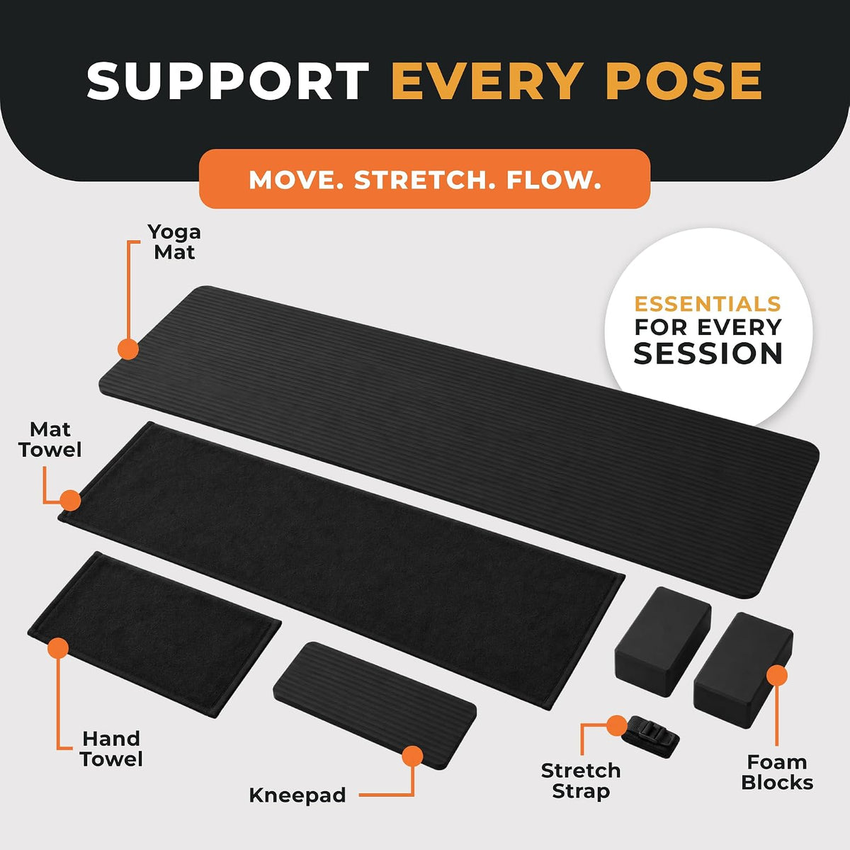 BalanceFrom 7-Piece Yoga Set with 71x24x0.5 Inches Extra Thick Mat and Carrying Sling – Includes 2 Blocks, Stretch Strap, 2 Towels, and Knee Pad for Home, Studio, and Gym Workouts