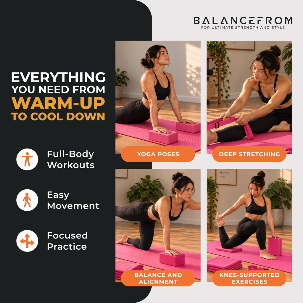 BalanceFrom 7-Piece Yoga Set with 71x24x0.5 Inches Extra Thick Mat and Carrying Sling – Includes 2 Blocks, Stretch Strap, 2 Towels, and Knee Pad for Home, Studio, and Gym Workouts