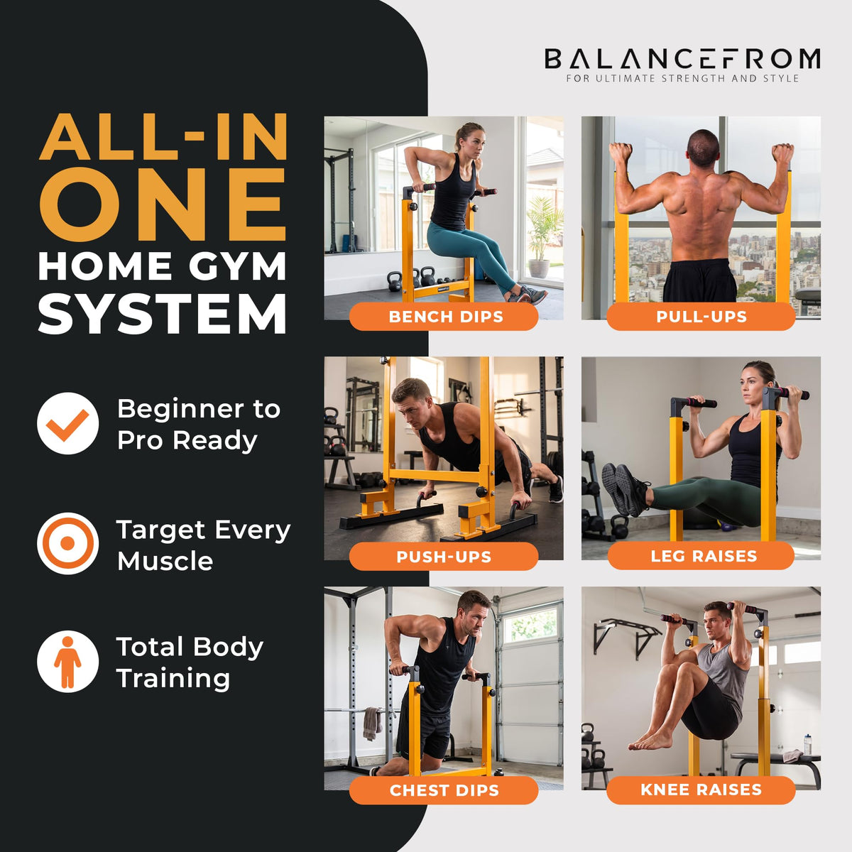 BalanceFrom Steel Frame Dip Station with Adjustable Height, 500 Pound Weight Capacity – Upper Body Workout Home Gym Equipment for Triceps, Push & Pull Ups, Leg Raises, and Bench Press