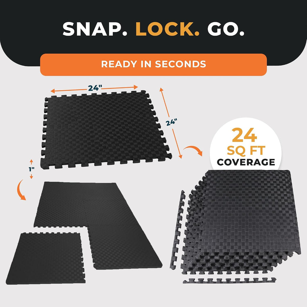BalanceFrom 2-Pack 6-Count 24x24x1 Inch EVA Interlocking Foam Exercise Tile Mat, Black – Non-Slip Puzzle Flooring for Home Gym, Fitness Studio, or Playroom
