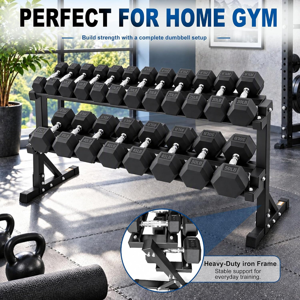 BalanceFrom 550LB Rubber Coated Hex Dumbbell Weight Set with 2-Tier Storage Rack, 5-50 lbs Pairs, One Package