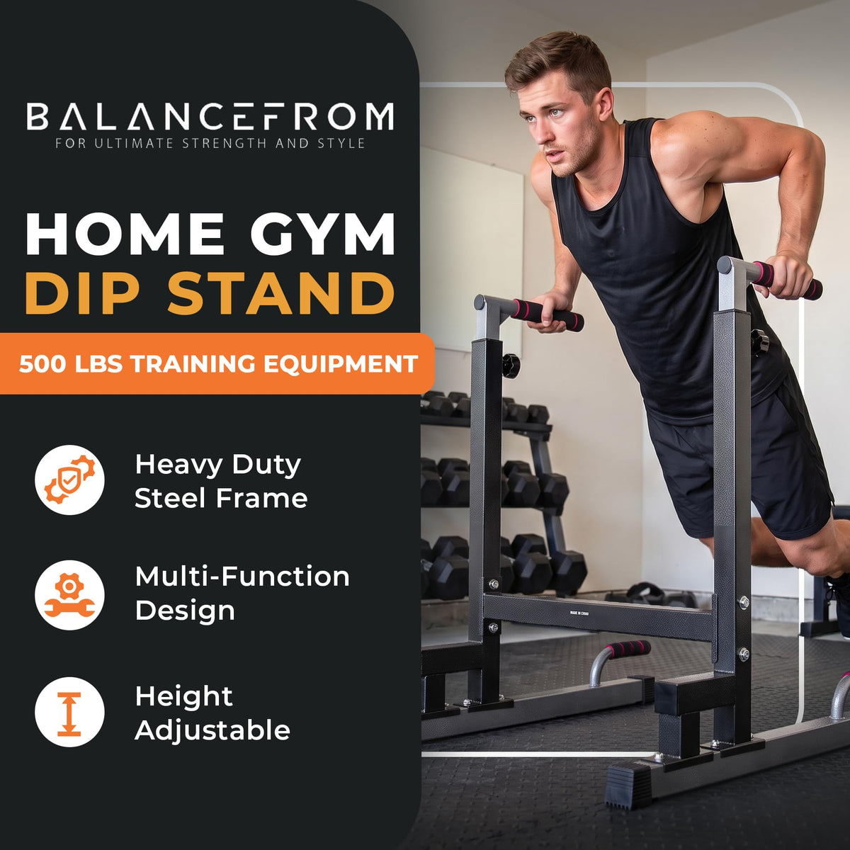 BalanceFrom Steel Frame Dip Station with Adjustable Height, 500 Pound Weight Capacity – Upper Body Workout Home Gym Equipment for Triceps, Push & Pull Ups, Leg Raises, and Bench Press